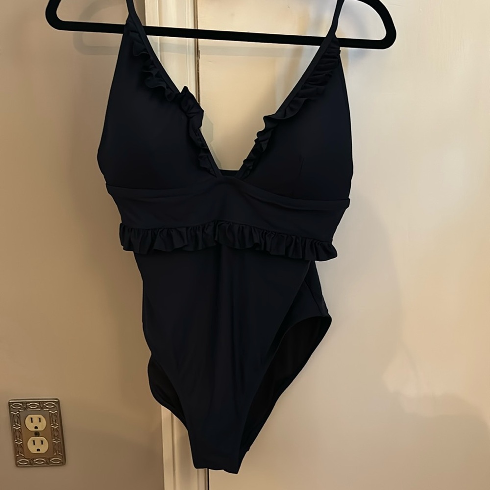 Brand new, J. Crew ruffled one piece suit, navy blue, size 12